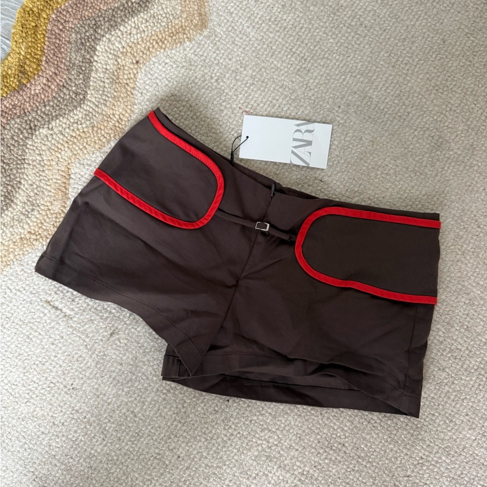 Zara Brown Athletic Shorts with Red Accents